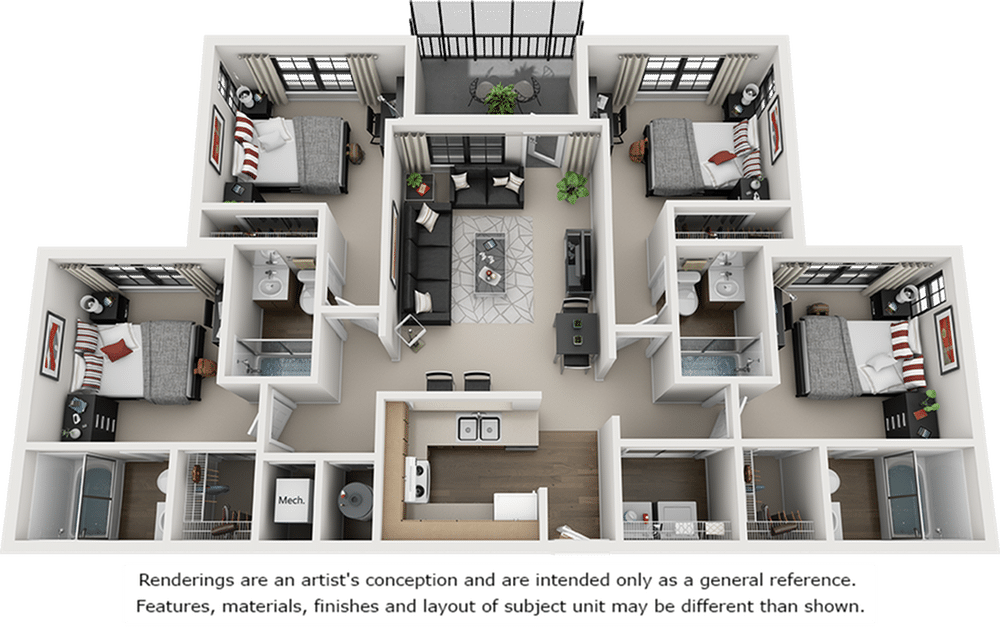 A 3D image of the 4BR/4BA floorplan, a 1596 squarefoot, 4 bed / 4 bath unit